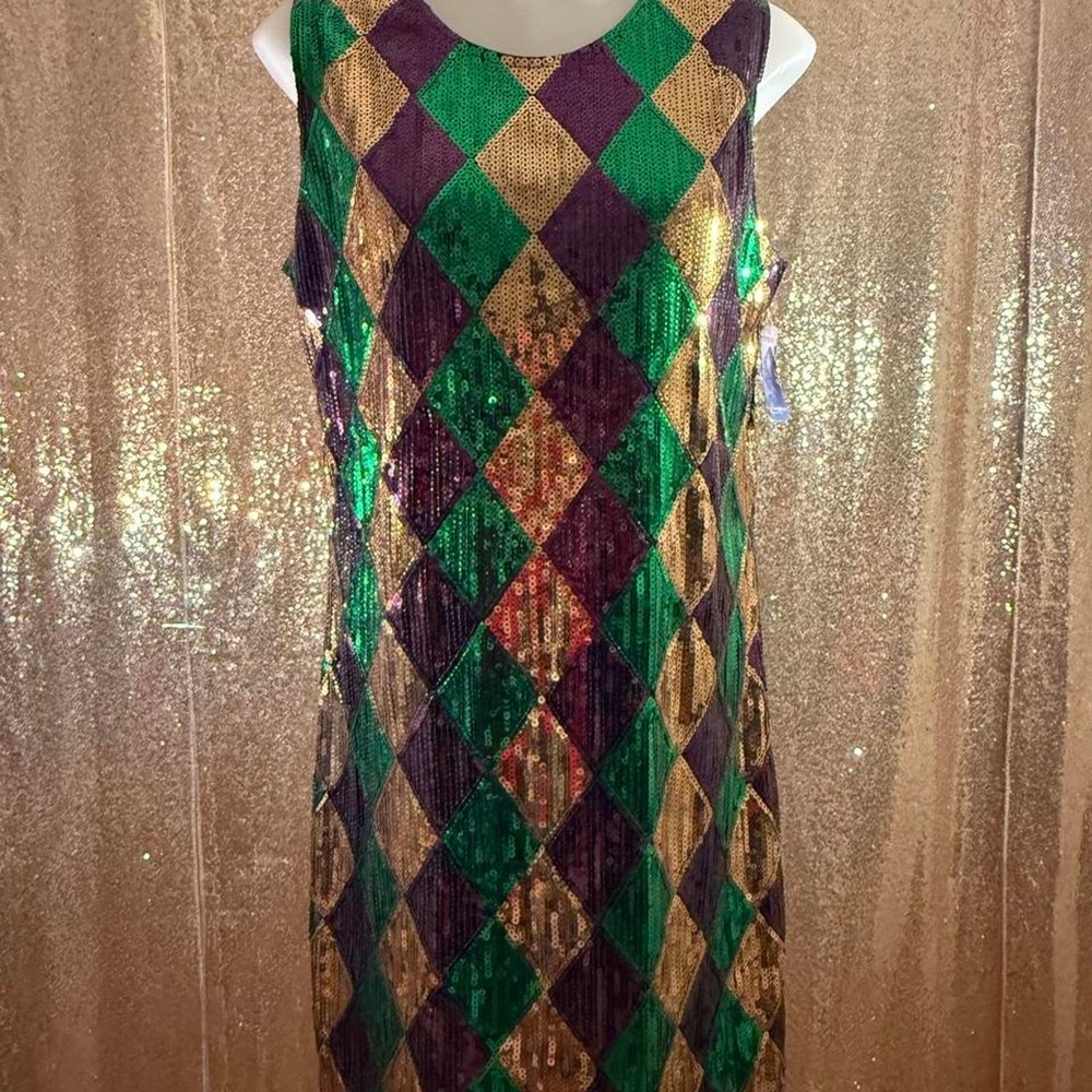Mardi Gras Sequin Dress Harlequin Diamond Purple Green Gold Sleeveless/Size M